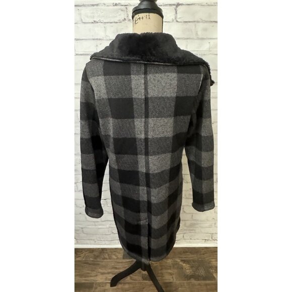 Steve Madden Size Med Lake Ode‎ Faux Fur Buffalo Plaid Check Gray Black Coat - Picture 2 of 14